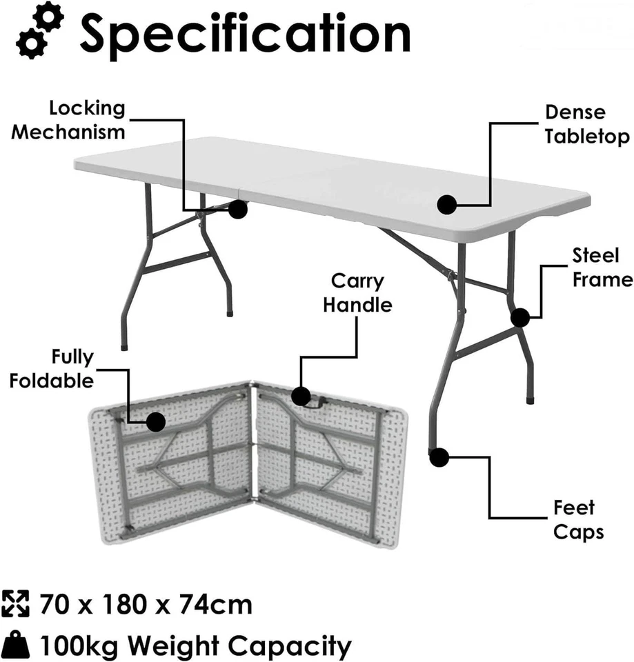 6ft 1.8m Folding Heavy Duty Catering Trestle Party Garden Table + Carry Handle - Image 2 of 4