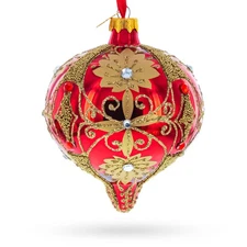 Regal Red & Gold Scrollwork Jeweled Onion-Shape Finial Glass Ornament