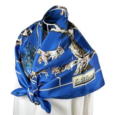 RARE VTG HERMES Carre 90 Silk Scarf "Le Poitevin" by H. de Watrigant Blue Used