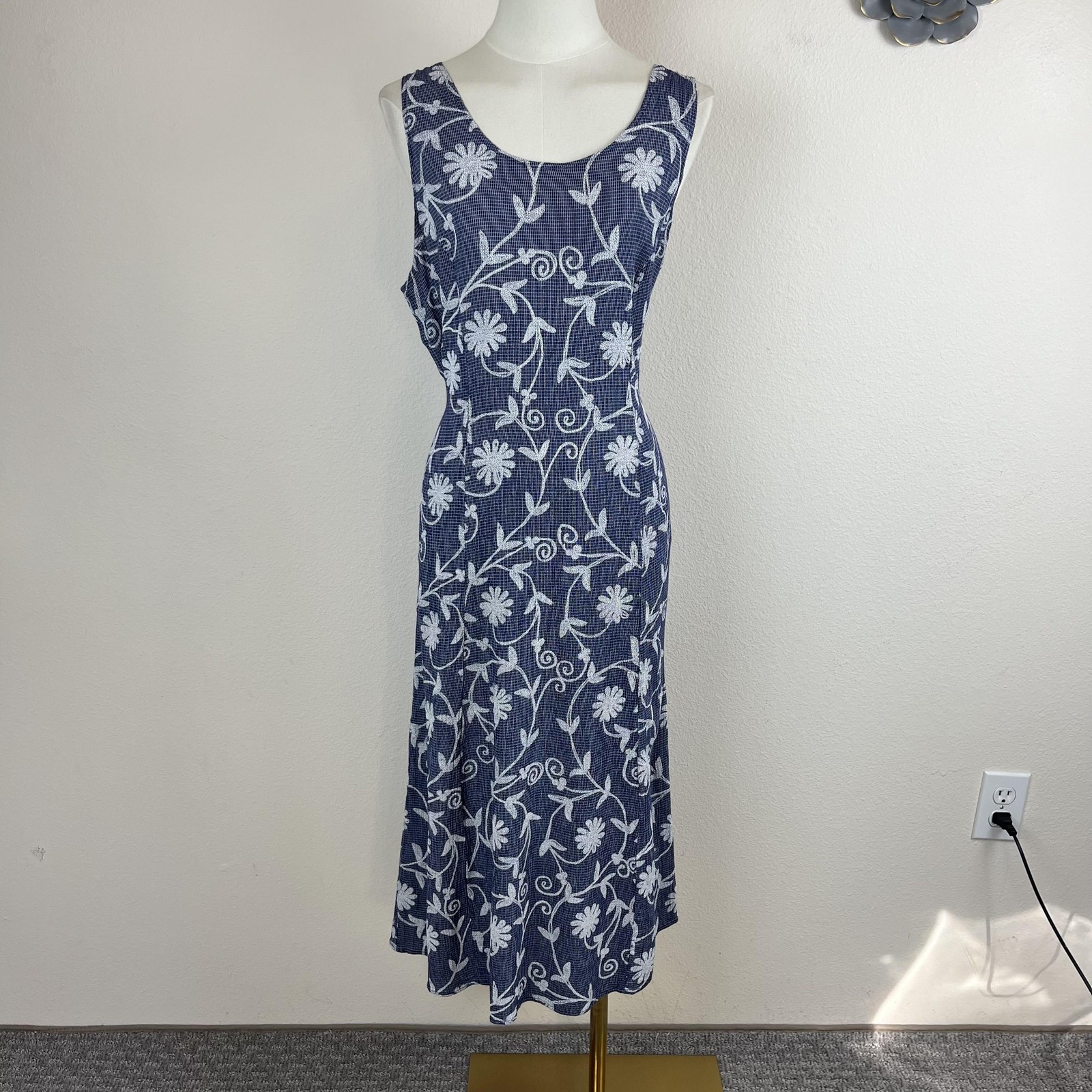 Vintage Dress Women 16 Blue White Midi Sleeveless Floral 90s Retro Boho USA Made