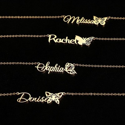 Custom Stainless Steel Name Necklace 18K Gold Plated Butterfly Letter Choker