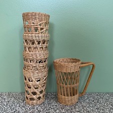 Vintage Wicker Rattan Miniature Baskets Cup Holder Boho - Lot Of 5