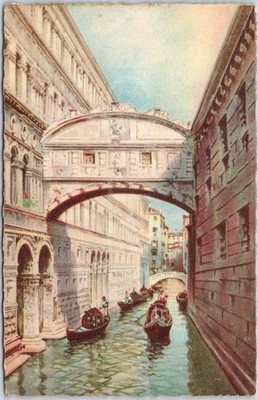 Venedig Vintage Postkarte Seufzerbrücke Boote Gondeln Italien Künstlerisch
