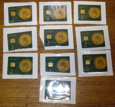 10 Unopened 1990s Danmont 20 Kroner Chip Phone Cards