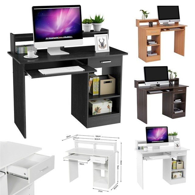 Computer Desk With Drawers Storage Shelf Keyboard Tray For Pc Laptop Table Mdf