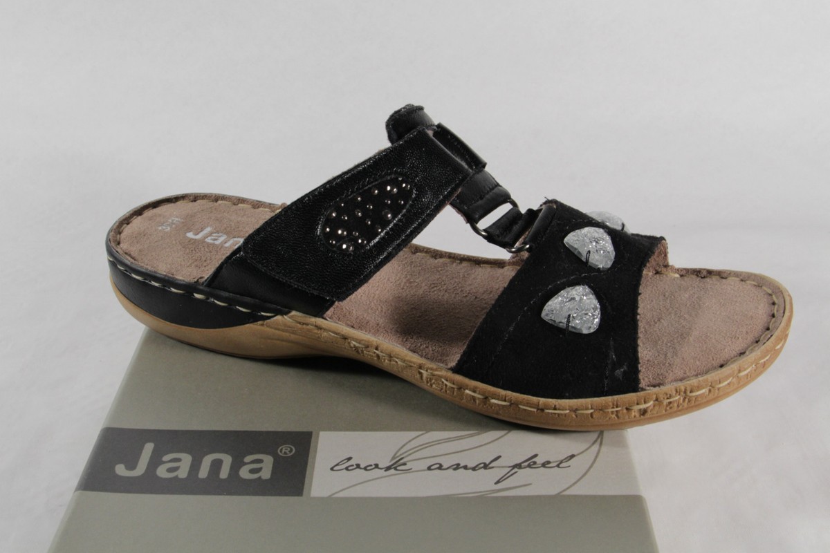 Jana Damen Pantolette Pantoletten Weite H Leder schwarz NEU!
