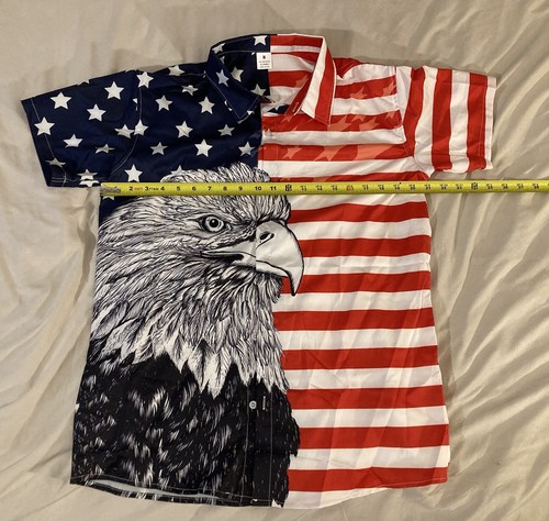USA American Bald Eagle & Flag MEDIUM Shirt Collar Button Up Short Sleeves - Picture 8 of 15