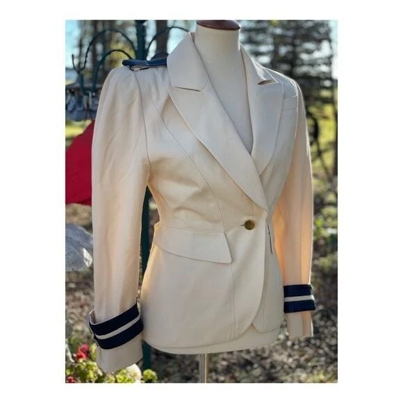 1980s Thierry Mugler Military Blazer Cream Navy Gold Notch Collar Designer S M