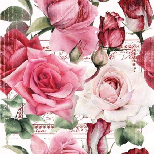 4 x Single Napkin/3-Ply/33cm/Decoupage/Flowers/Roses in Assorted Pinks