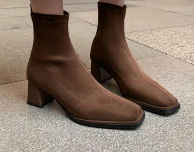 Women's Round Toe Block Heels Ankle Boots Elasticity Suede Buckle Shoes Winter