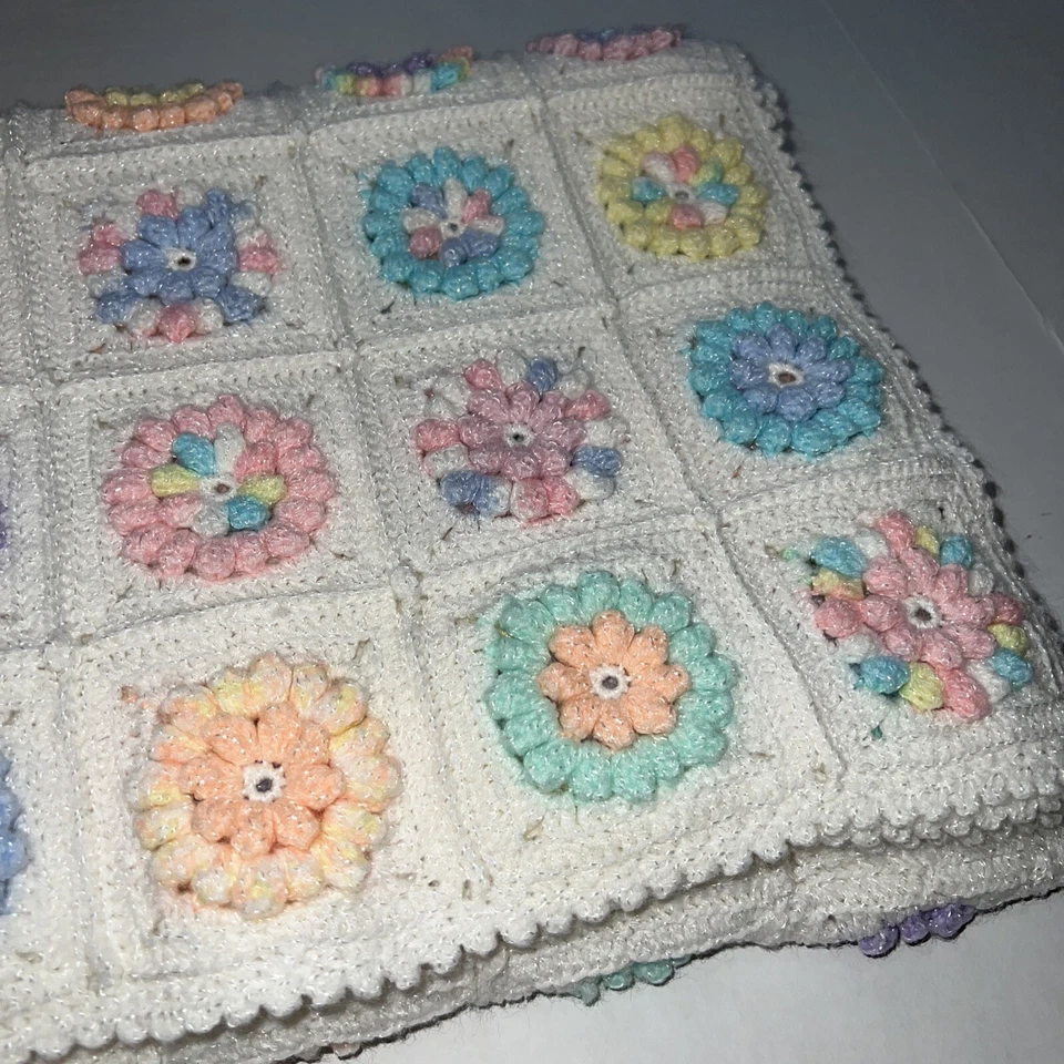 Floral Granny Square Baby Toddler Afghan Blanket Raised Flowers 36x54 - Image 3 of 4