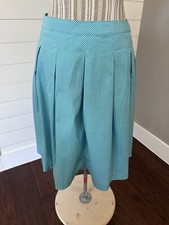 Talbots Petite Aqua White Polka Dot Midi A-Line Lined Pleated Skirt Sz 8P M1 