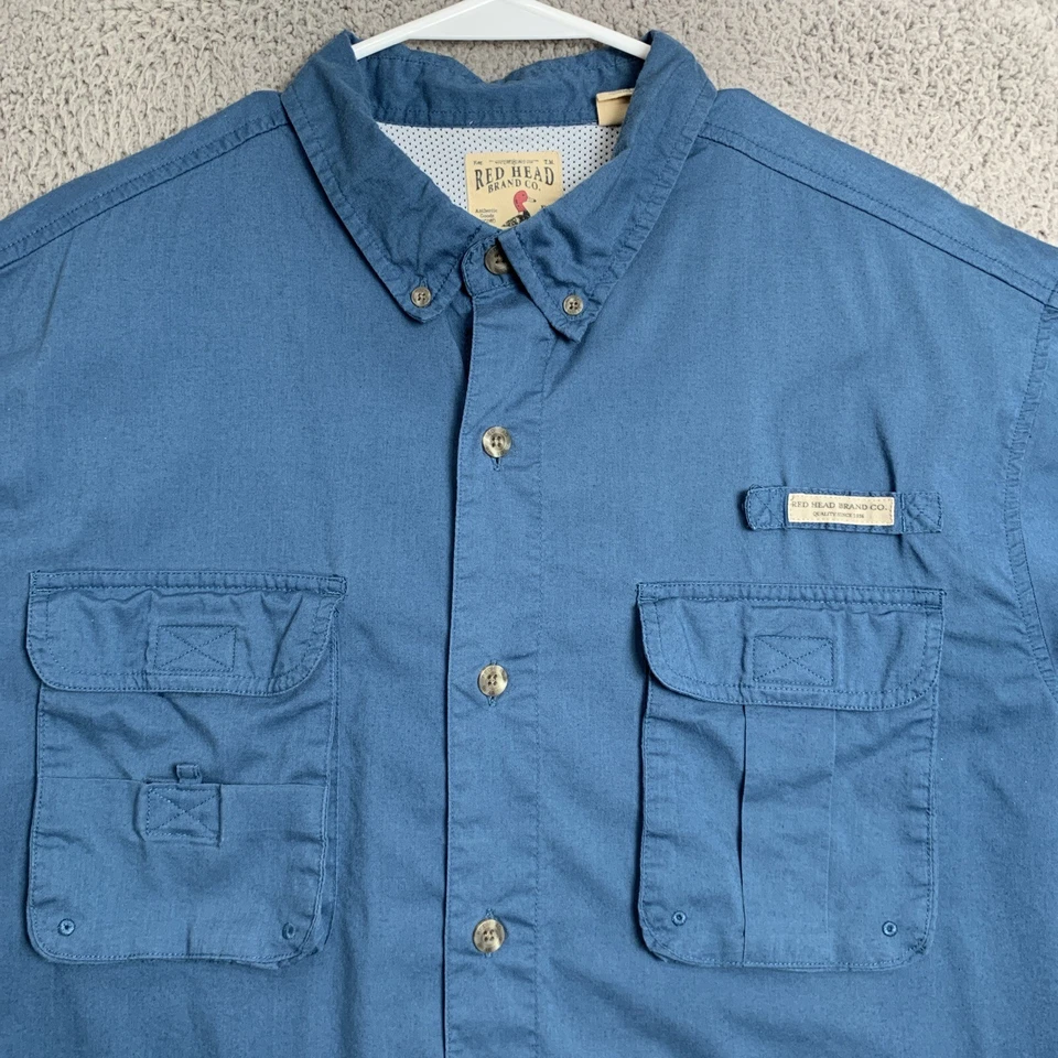 Red Head Shirt Mens Extra Large Blue Short Sleeve Collared Button PFG Outdoors - Image 2 of 4