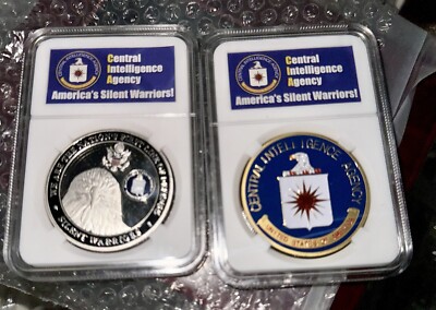2 CIA Central Intelligence Agency Coins In Hard Display Cases