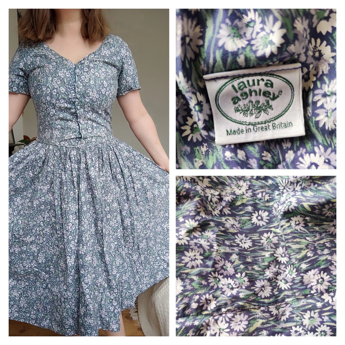 LAURA ASHLEY VINTAGE 80S Blue FLORAL COTTAGECORE DRESS size 14 M L 