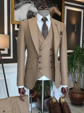 Men Suit Camel Peak Lapel Groom Tuxedos Wedding Prom Party 3 Piece Best Man Suit