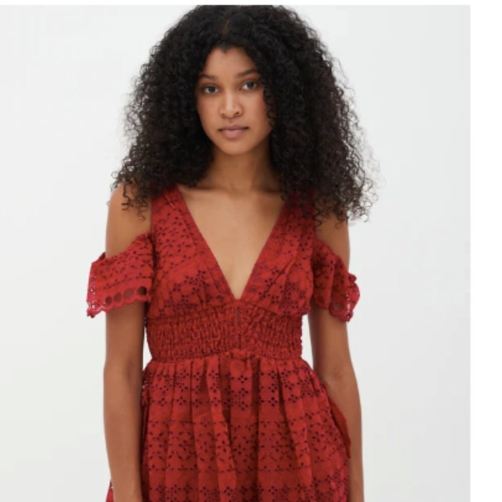 Self Portrait Openwork Lace Eyelet V Neck Sheared Dress Raspberry Red Size 6 image 3