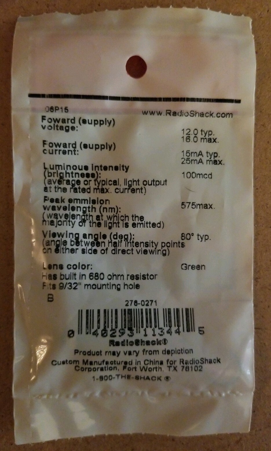 NEW! RadioShack Green LED Assembly w/ Built-In Resistor 2760271 *FREE SHIPPING*