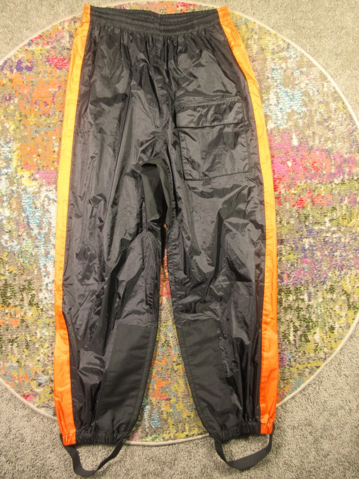 Emergency Motorcycle Rain Pants Men M Black Stirrup Reinforced Nylon Taped Seams