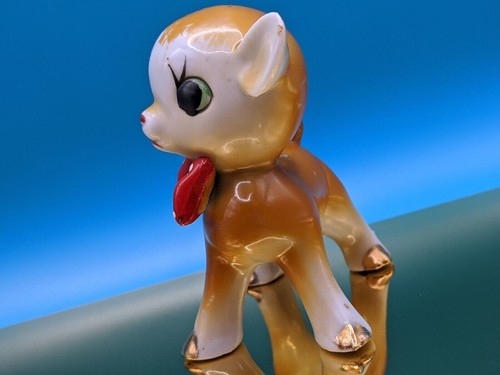 Vintage Japanese Kawaii Deer Ceramic Kitsch Big Eye Figurine Polka Dot Bow - Picture 5 of 11