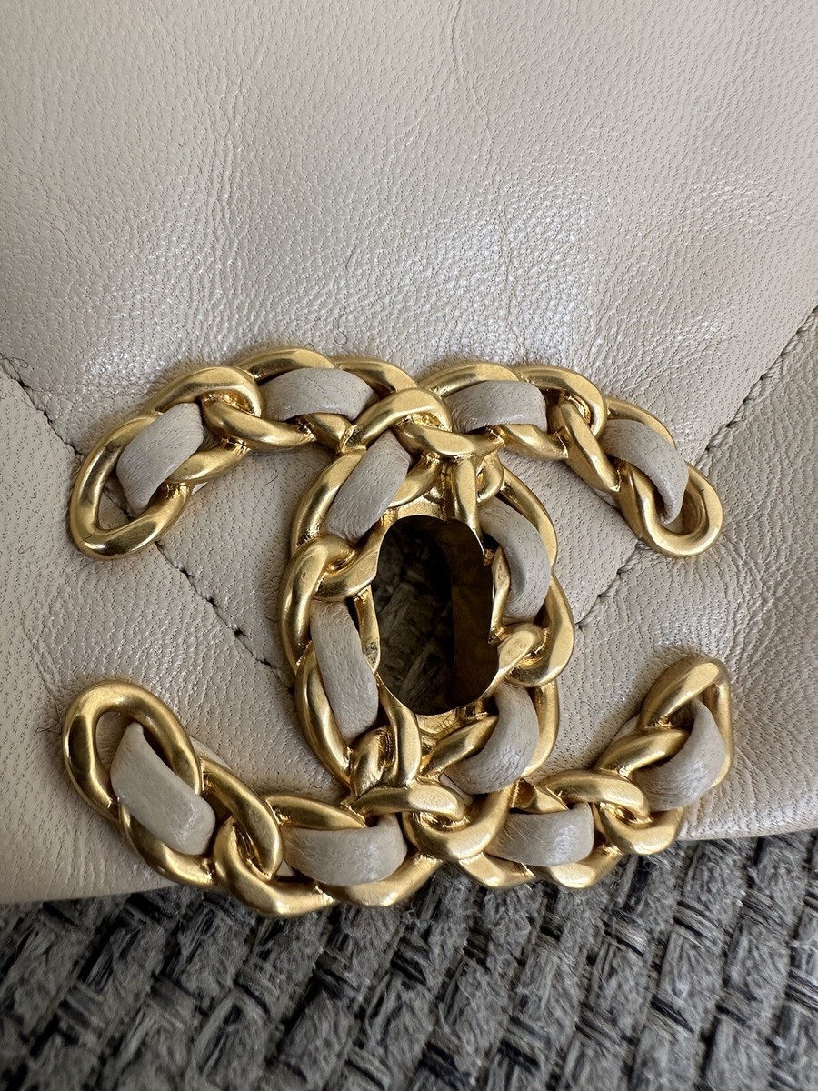 Excellent Used CHANEL 19 Small Flap Bag in Beige Goatskin
