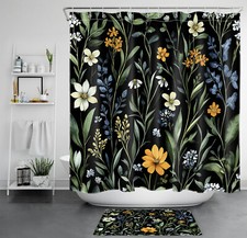Plant Green Leaf Yellow Wildflower Black Shower Curtain Bathroom Accessories Set