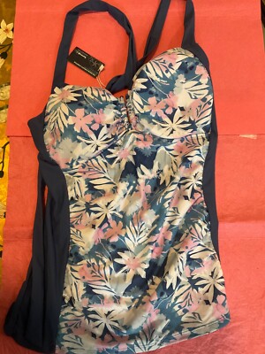 Summer Mae Women's Large Ruched Tankini  Top Blue Multicolor Floral