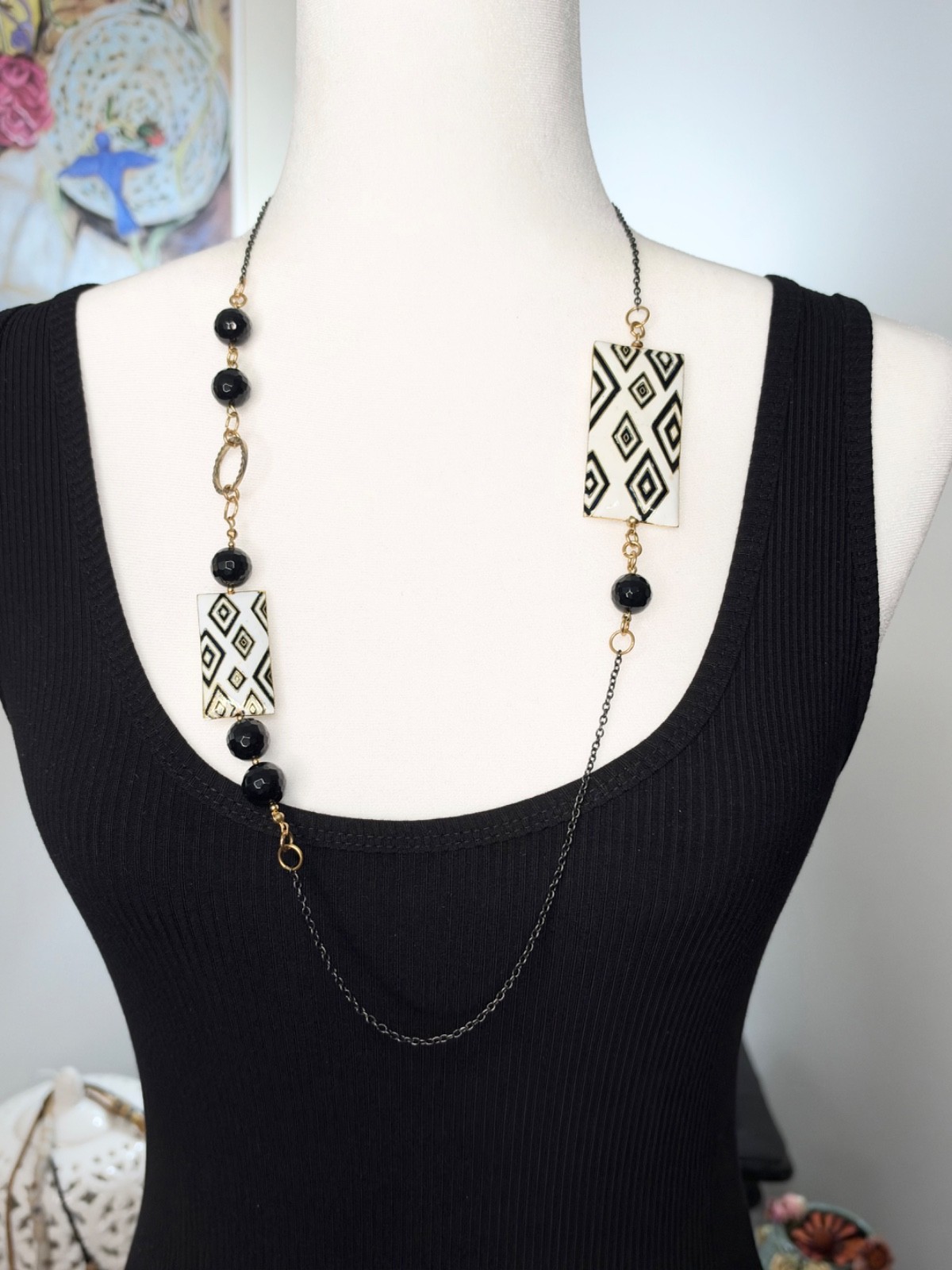Black White Geometric Statement Necklace Long Beaded Art Deco Boho Gold ...