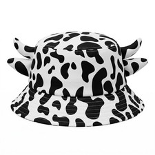 Cow Print Bucket Hat, Cute Fisherman Hat with Cute Horns Summer Beach Hats fo...