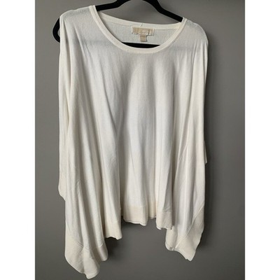 Michael Kors Women White Cold Shoulder Poncho Sweater Knit Top Large L