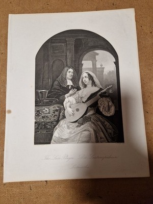 Stahlstich Frans van Mieris Lautenspielerin Laute Musik Gitarre Mandoline 19x25