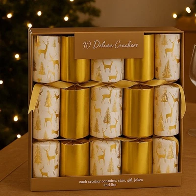 QUICKDRAW Pack Of 10 Deluxe Christmas Crackers 14" Trees & Reindeer Gold Dinner Table