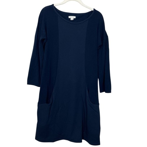 Garnet Hill Merino Wool Panel 3/4 Sleeve A Line Dress sz S Navy Pockets Preppy - Picture 3 of 9