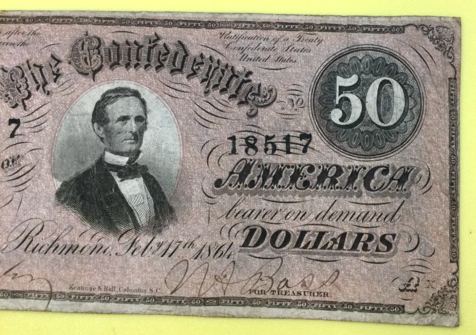 1864, T-66, 50$ Confederate Bank Note, #18517, Richmond VA, A series. - Image 3 of 4