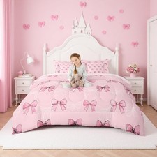 7Pc Pink and White Bow Comforter Set Full,Girls Pink Bows Bedding Set with Sh...