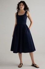 Quince Women Cotton Mixed Media Tank Midi Dress Navy M