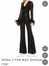 Mac Duggal 11581 Feather Cuff Sequin Black V Neck Jumpsuit Size Small S NWT