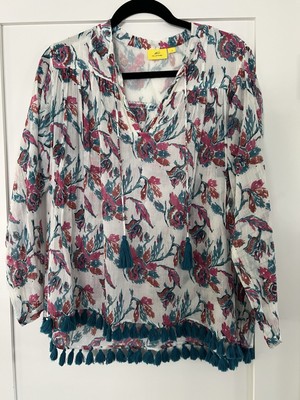 Roller Rabbit Long Sleeve Tunic Top Blouse Tassel Trim Boho Turquoise Size Small