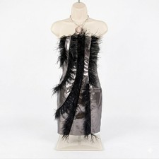 Metallic Silver dress Strapless Mini Black Ostrich Faux Feather Trim S 8 amylynn