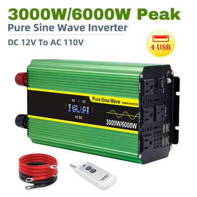 3000W Pure Sine Wave Inverter 12V to 110V 6000W Peak LCD Remote Control RV Home