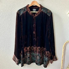 Citron Silk Blend Velvet Embroidered Button Front Jacket Size 3X Chocolate Brown