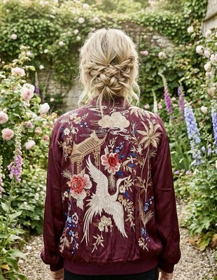 Johnny Was XL Burgundy Red Silk Bomber Jacket Coat Embroidered Asian Crane NWT