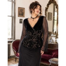 Y2K Black Burnot Velvet Mesh Silk Baby Doll Top Romantic Goth Whimsygoth Size 14
