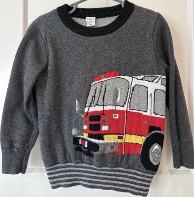 Gap Boys Gray Knit Crewneck Pullover Sweater Fire Truck Graphic 4t Cotton Wool