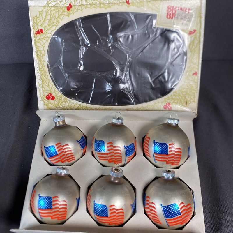6 Vintage SHINY BRITE Patriotic Glass Christmas Ornaments Stars & Stripes Flag