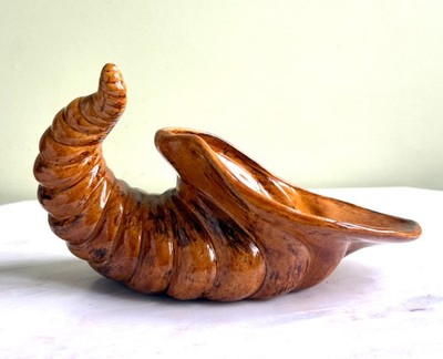 Vintage 9'' Atlantic Mold Ceramic Cornucopia   Signed EC   Brown Drip Glaze Fall