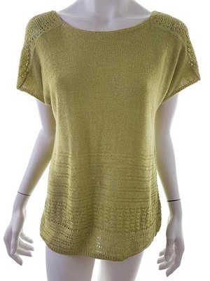 VINTAGE Damen Pullover Gr. 42 Grün Acryl Kurzer Ärmel Runder Ausschnitt