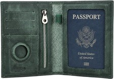 Full Grain Leather Passport Holder - RFID Blocking, AirTag Compatible Dark Green