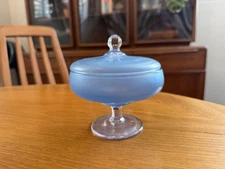 Vintage Blue Glass Covered Candy Dish / Compote