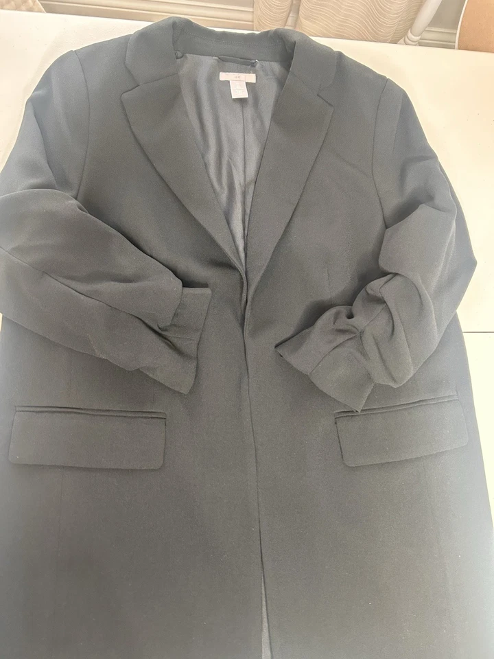 Blazer largo para mujer H&M de un botón XL negro forrado 3/4 mangas acanaladas negocios Foto 3 de 4